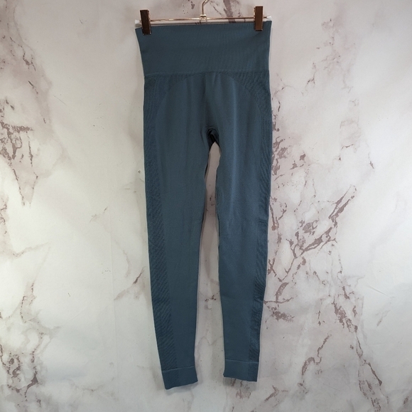 Set Active Leggings Womens XS Blue Seamless Crop Ankle High Rise Ribbed - Picture 1 of 12